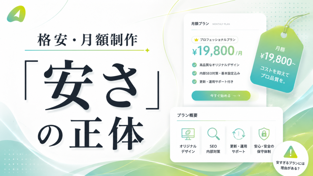 ChatGPT Image 2026年6月14日 23_34_15 4 - 東京のWEB制作・ホームページ制作会社|株式会社Acsport(アクスポート) Hero banner for affordable monthly plan in Japanese, with large '安さ' text and a ¥19,800/月 price tag.