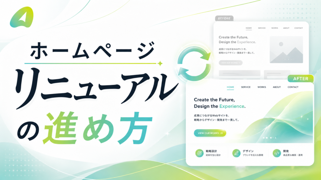 ChatGPT Image 2026年6月14日 23_34_17 7 - 東京のWEB制作・ホームページ制作会社|株式会社Acsport(アクスポート) Hero banner showing a 'Before' and 'After' website redesign concept with abstract aqua–green gradients and Japanese text centerpiece.